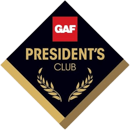 GAF President's Club logo featuring red square with GAF text, gold lettering, and laurel wreaths on navy diamond background