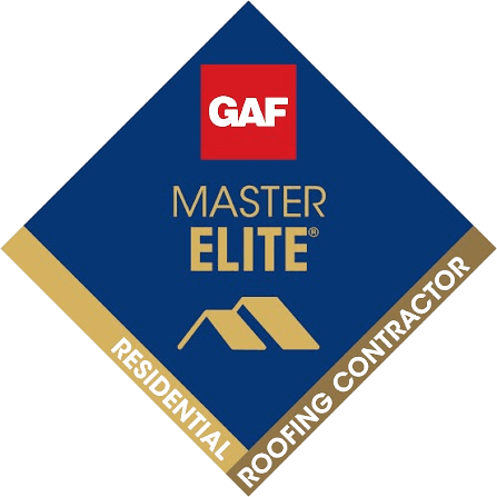 GAF Master Elite Residential Roofing Contractor certification badge with red GAF logo on blue diamond background