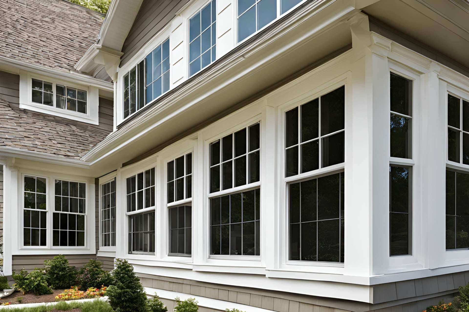 White-framed grid-pattern windows on a residential home exterior with white trim and gray shingle siding, landscaped with shrubs and flowers